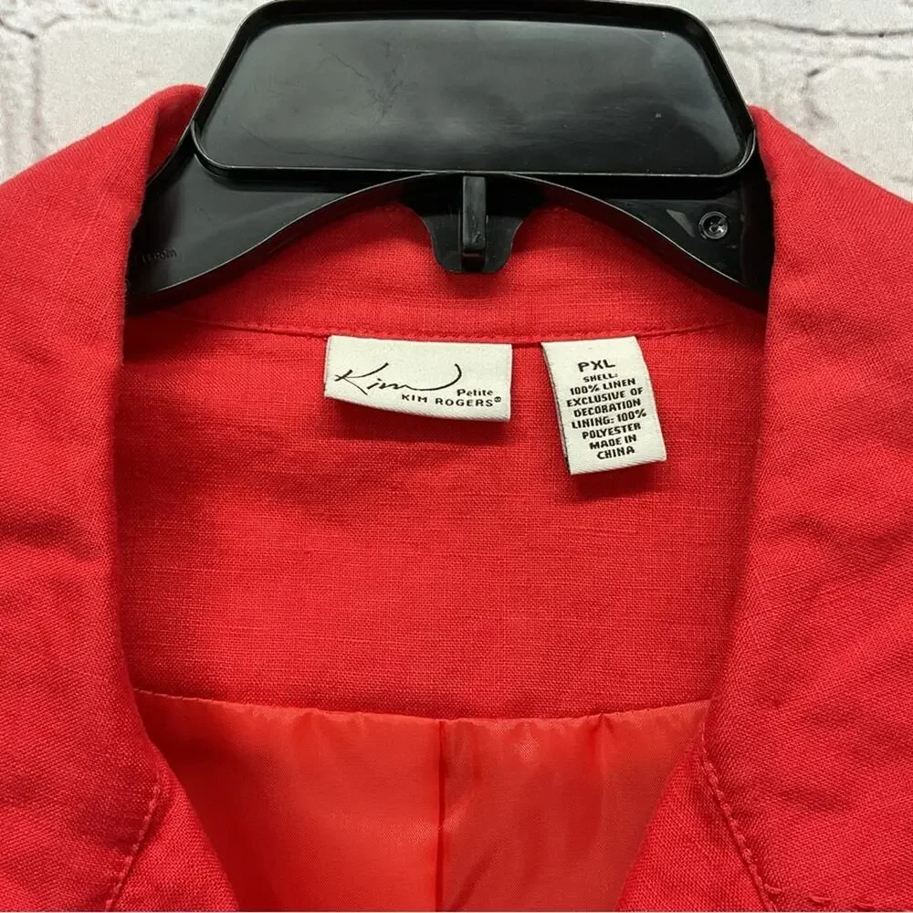 Kim Rogers Blazer Women's Petite Size XLP Red 100% Linen Business Casual Travel